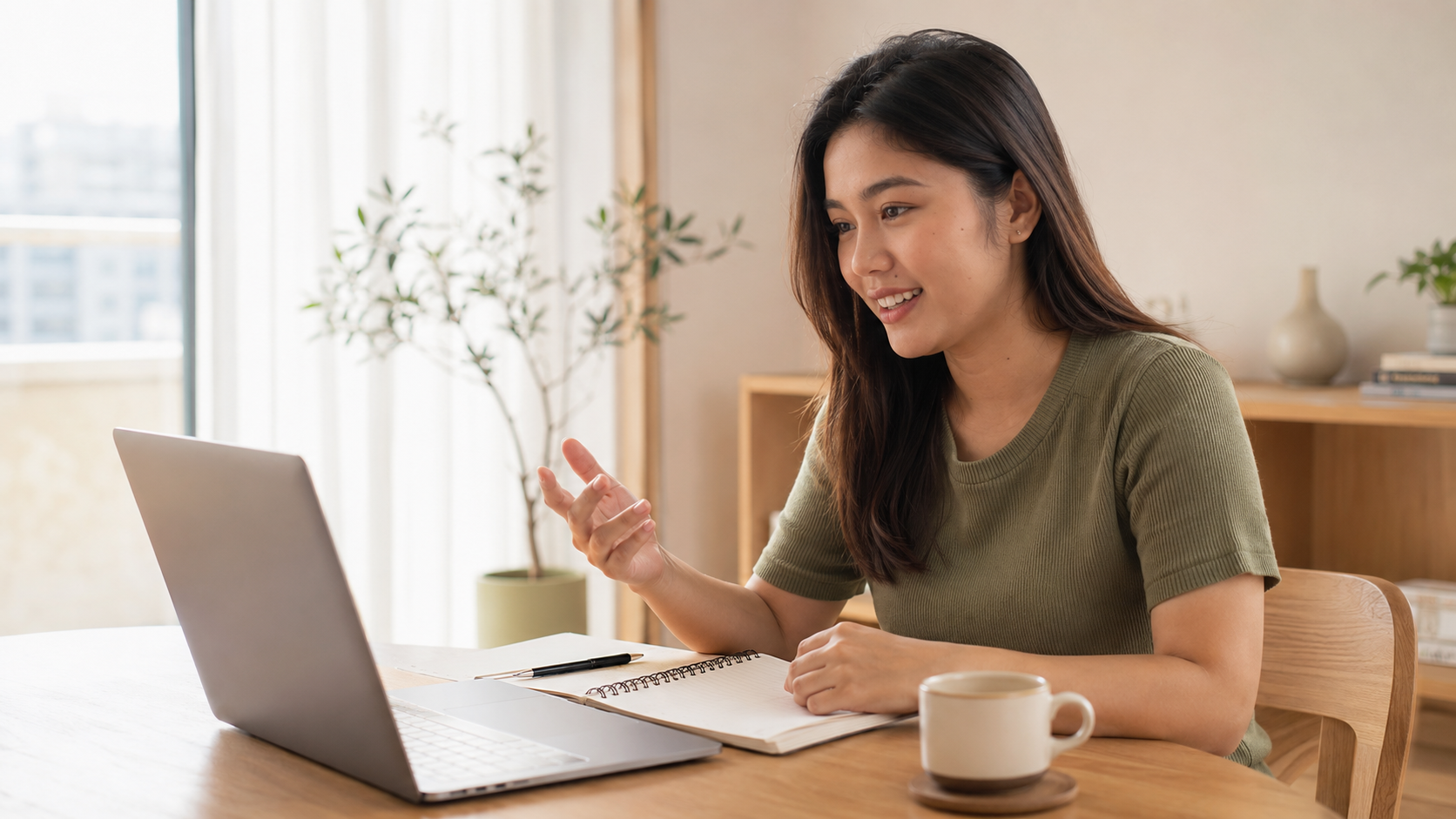 A Japanese learner practicing conversation during an online lesson